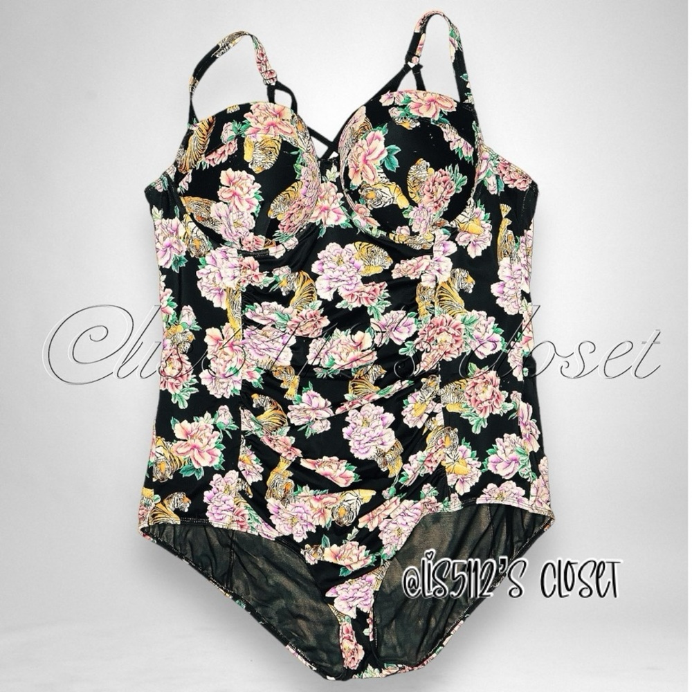 Torrid Black Tiger Floral Strappy Lattice Back Underwire Swimsuit 3X 22 24 - Picture 2 of 15